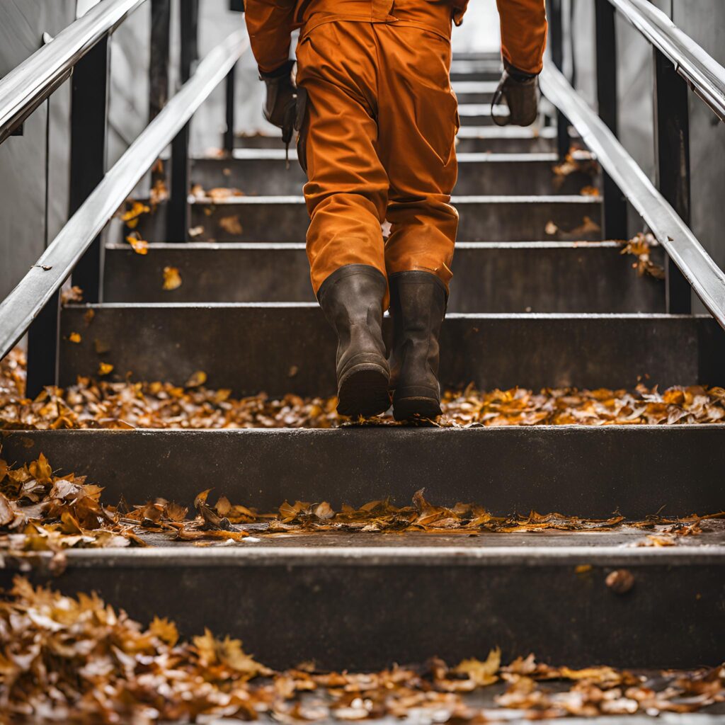 hard-hat-worker-wearing-boots-walking-up-the-stairs-holding-rail-with-wet-leaves-on-stairs