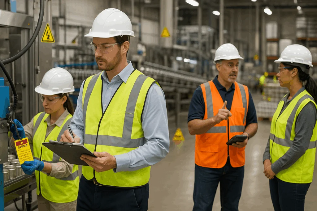 Team discussing safety in warehouse