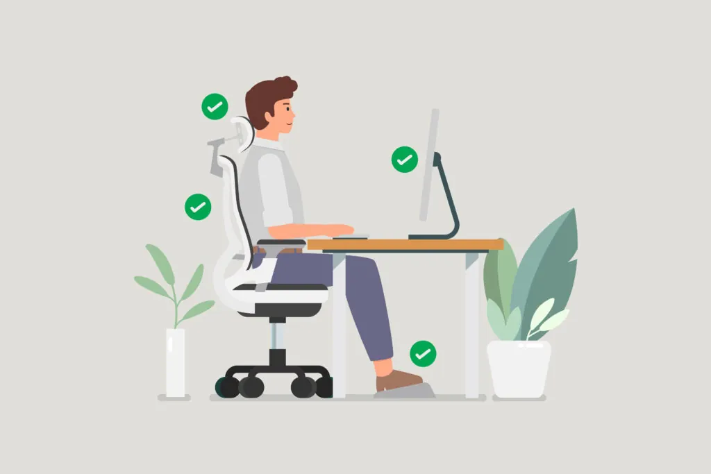 Man sitting properly at desk and working with a computer. Vector illustration