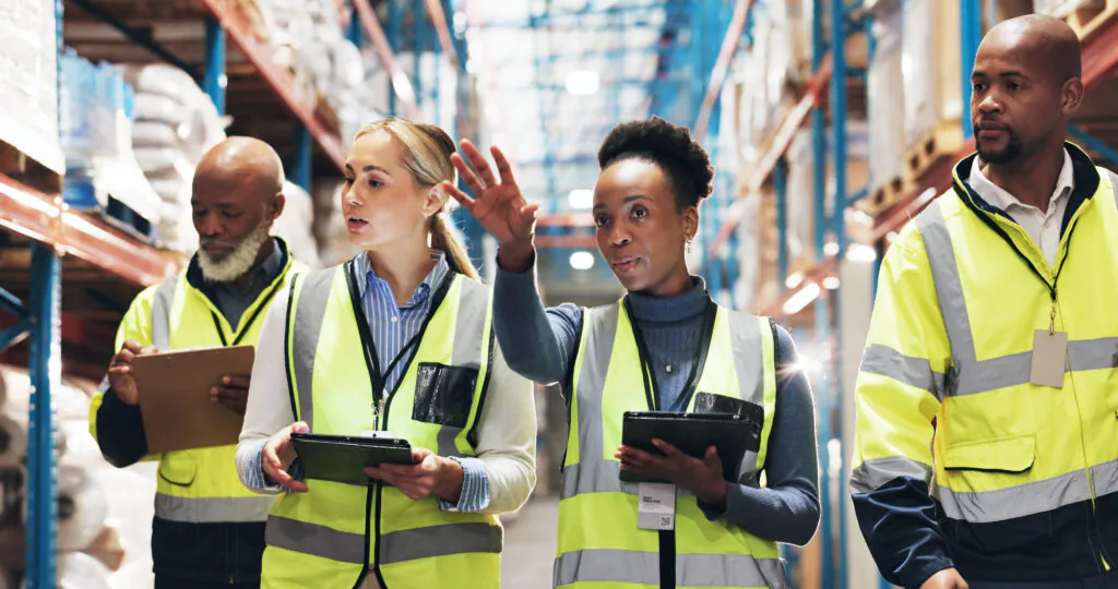 Group of four workers walking down an aisle of a warehouse in conversation about the set-up of the shelving units